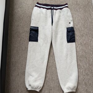 Champion White and Navy Men's SweatPants (Sherpa)